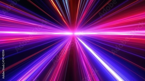 Ultraviolet abstract light. Blue, pink, violet colorful neon light lines coming from a center point isolated on dark space. Explosion in the universe, Cosmic background. Generative AI