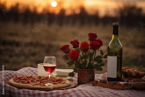 Serene Valentine's Day picnic with wine and roses outdoors