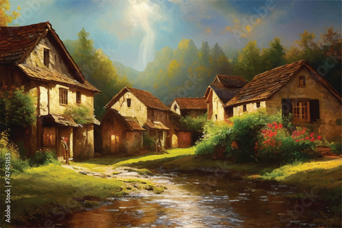 Oil painting of a Beautiful Village. Oil painting - houses in the village. Old historic Village. Oil paintings rural landscape. A rustic village scene  bathed in the ethereal glow of a heaven. 