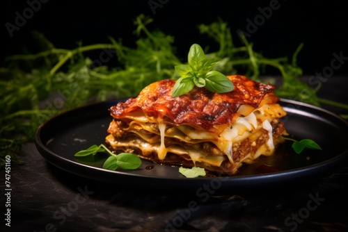 Detailed close-up photography of a delicious lasagna on a palm leaf plate against a black slate background. AI Generation