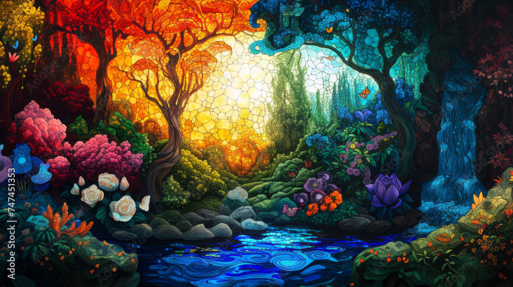 Fototapeta premium Stained glass window background with colorful Nature abstract.