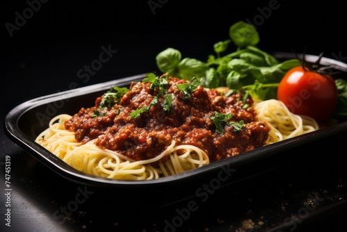Macro view photography of a delicious spaghetti bolognese on a plastic tray against a black slate background. AI Generation