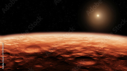 Surface of the desert red planet. Planet Mars, view from orbit. Landscape of rocky planet.