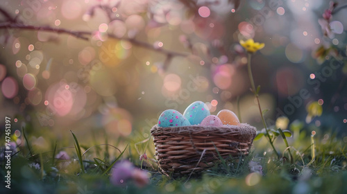 Wicker Basket with Patterned Easter Eggs Amidst Spring Flowers © Maciej Koba
