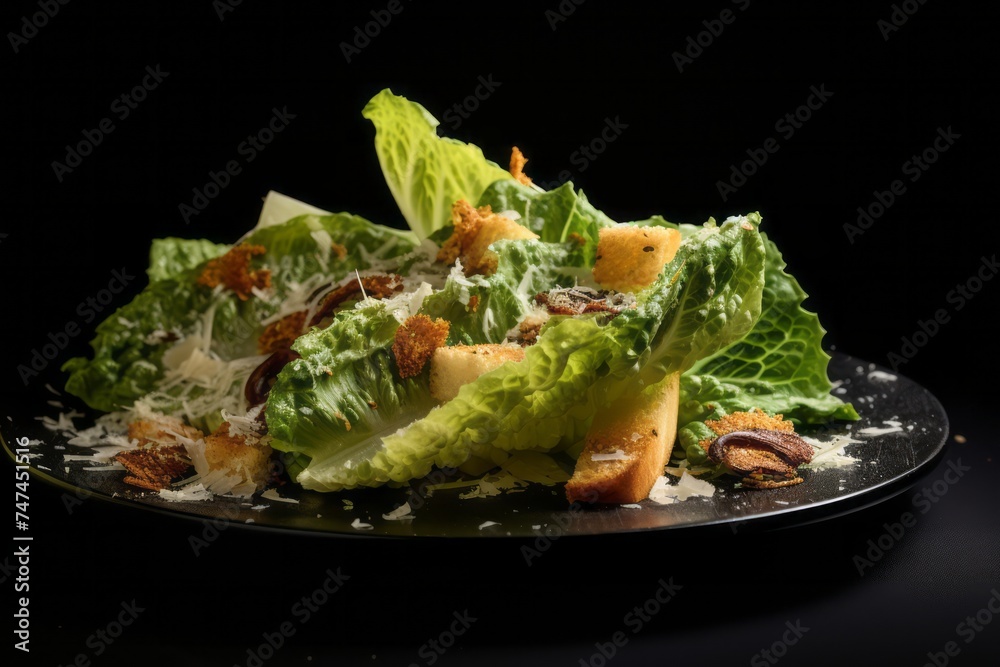 Macro view photography of a juicy caesar salad on a palm leaf plate against a black slate background. AI Generation
