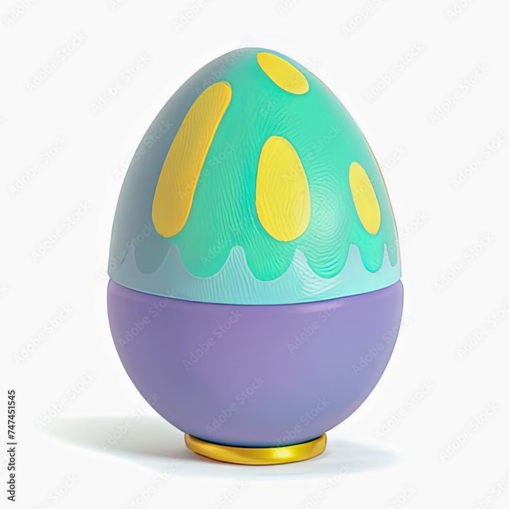 Easter egg decor. Plastic egg made of two parts on a light background. The bottom of the egg is painted lilac, the top is green with yellow drops Easter egg decor. Plastic egg made of two parts on a light background. The bottom of the egg is painted lilac, the top is green with yellow drops