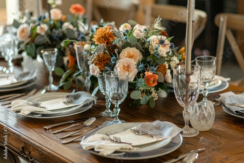 Rustic Chic Wedding Table Decor with Floral Arrangements and Vintage Glassware