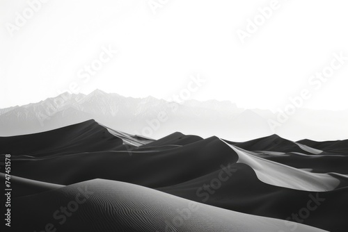 Black and white photo of sand dunes and mountains. Perfect for nature lovers photo