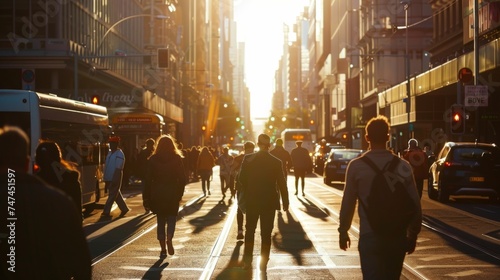 Sunset Commute in the City with Crowds Walking Against Sunlight - Great for Themes of Urban Life and Work photo