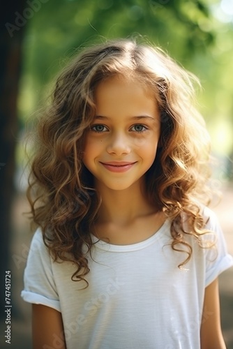 A young girl with curly hair wearing a white t-shirt. Suitable for lifestyle and fashion concepts