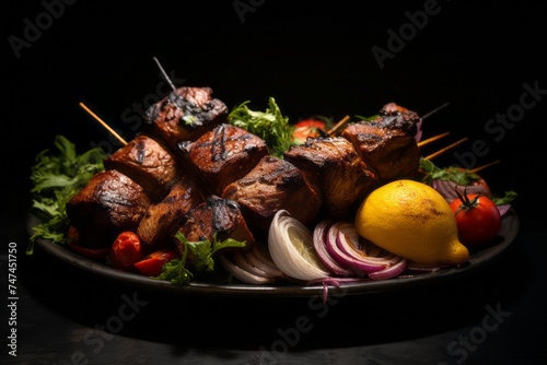 Highly detailed close-up photography of a juicy kebab in a clay dish against a black slate background. AI Generation