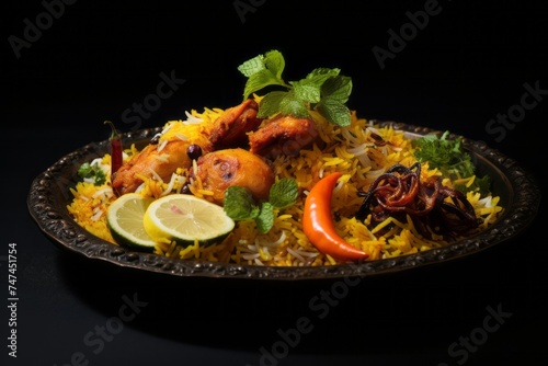 Macro detail close-up photography of a tasty biryani on a palm leaf plate against a black slate background. AI Generation