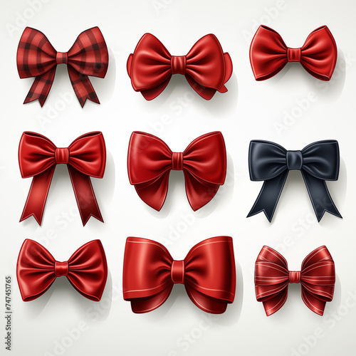 Collection of festive red bows, isolated and separated on white background. 