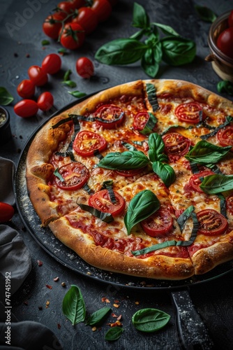 A delicious pizza resting on a pan, perfect for food concepts