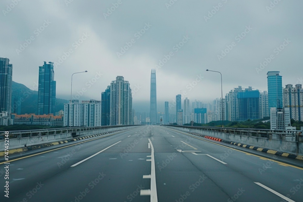 Busy highway with urban buildings in the background. Suitable for transportation and cityscape concepts