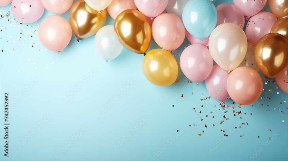 Colorful balloons and confetti on a blue background, festive decoration concept.
