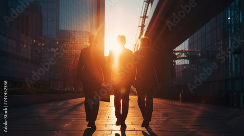 silhouetted business professionals walking across a bridge towards the sunlight with a cityscape in the background, suggesting themes of success, leadership, and future goals.