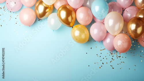 Colorful balloons and confetti on a blue background, festive decoration concept.