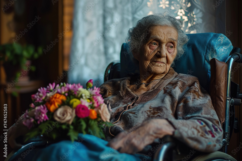 A portrait of an elderly woman in a wheelchair, with a look of satisfaction on her face and a bouquet of flowers in her lap