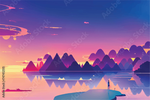 Beautiful sunset view. Sunset illustration background. Sunset in a beautiful nature scenery.  sunset landscape.  Beautiful nature landscape with sunset.