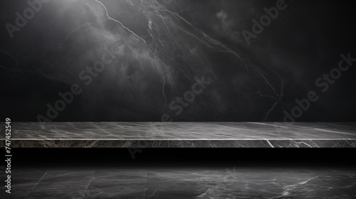 Dark empty stage with atmospheric smoke and spotlight suitable for product display and presentation © amixstudio