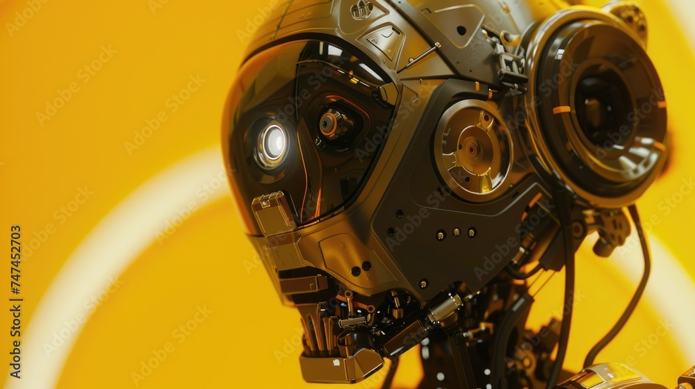 Fototapeta premium Close up of a robot's head on a bright yellow background. Suitable for technology and artificial intelligence concepts