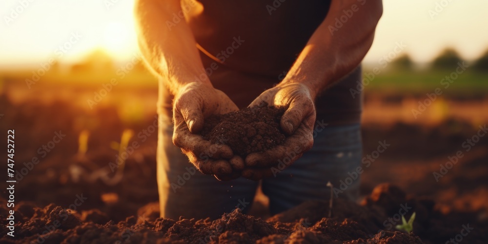 A man holding a handful of dirt. Suitable for environmental concepts - obrazy, fototapety, plakaty 