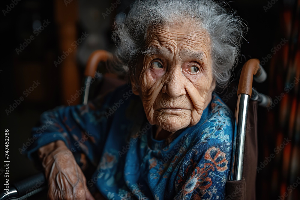 A portrait of an elderly woman in a wheelchair, with a look of curiosity on her face and a cane by her side