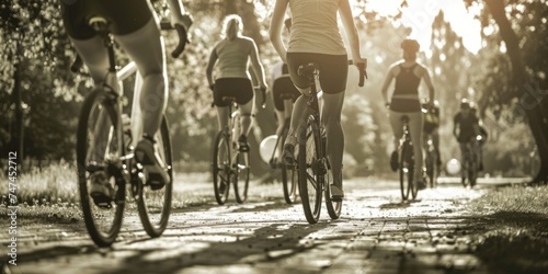 Group of people riding bikes on a dirt road, suitable for outdoor activities concept