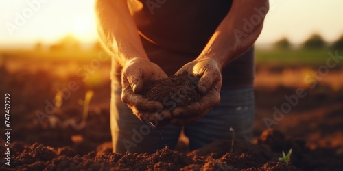 A man holding a handful of dirt. Suitable for environmental concepts