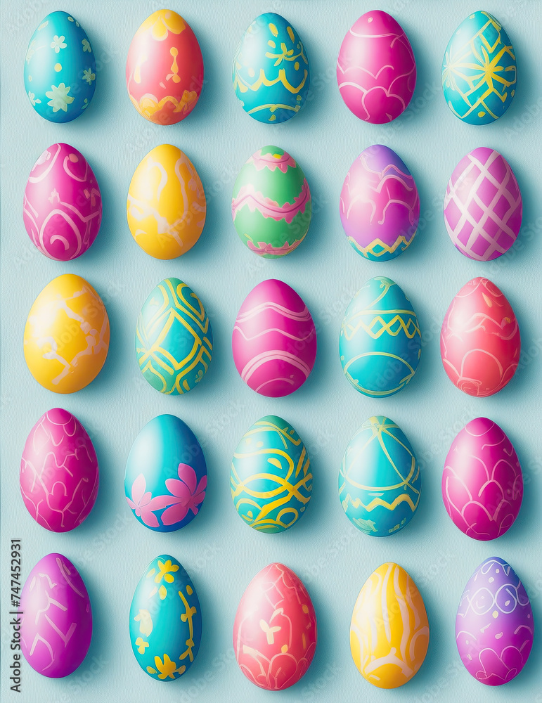 Set of Easter eggs on a blue background, with different designs - abstract patterns of different colors