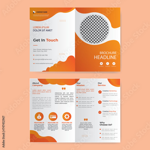 corporate business bi fold brochure template layout with orange color shapes. Creative multipage brochure template. a4 layout with a unique design