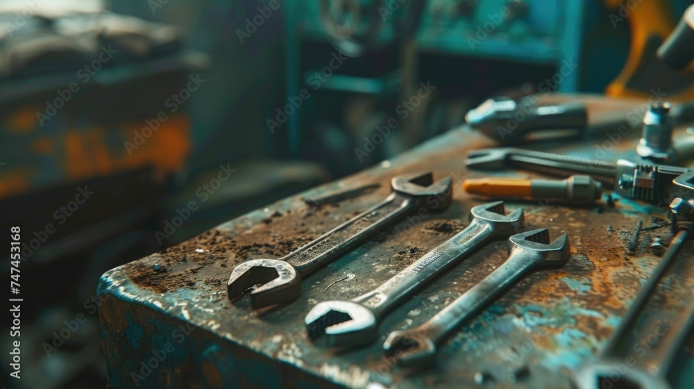 Collection of wrenches on a table, perfect for industrial or DIY projects Collection of wrenches on a table, perfect for industrial or DIY projects