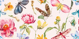 Seamless pattern, Blooming flowers with watercolor on pastel colors. Print with butterfly, dragonfly, beetle, vintage style. Hand drawn floral pattern. Botany garden