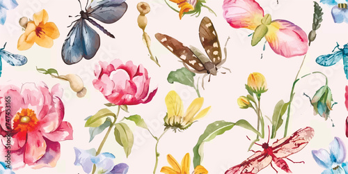 Seamless pattern, Blooming flowers with watercolor on pastel colors. Print with butterfly, dragonfly, beetle, vintage style. Hand drawn floral pattern. Botany garden © Eli Berr