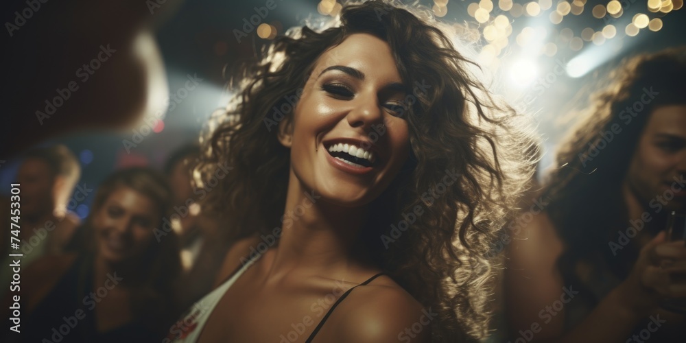 A woman with long curly hair smiling at the camera. Suitable for various projects