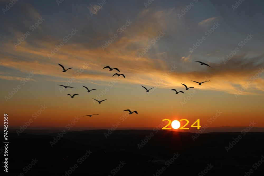 Transition from 2023 to new year 2024 concept with text on sun rising sky. Life is short birds are flying.