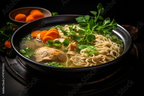 Macro detail close-up photography of an hearty chicken noodle soup on a porcelain platter against a black slate background. AI Generation