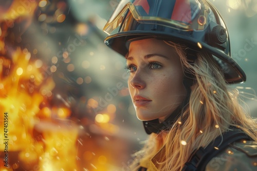 A focused female firefighter in full gear stands amidst a blazing fire, showcasing bravery and determination.