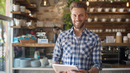 smiling man in a blue checkered shirt is holding a tablet, standing in a cozy, ambient cafe or restaurant