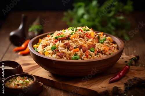 Close-up view photography of a refined fried rice on a wooden board against a colorful tile background. AI Generation