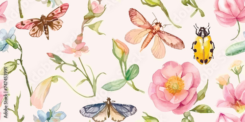 Seamless pattern, Blooming flowers with watercolor on pastel colors. Print with butterfly, dragonfly, beetle, vintage style. Hand drawn floral pattern. Botany garden
