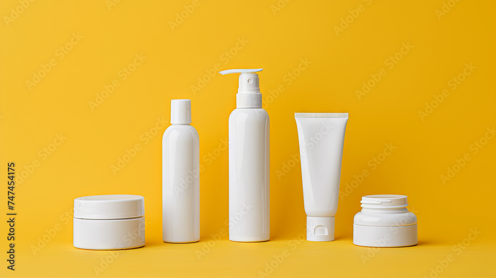 White bottles intended for hygiene products are placed on a yellow background White bottles intended for hygiene products are placed on a yellow background