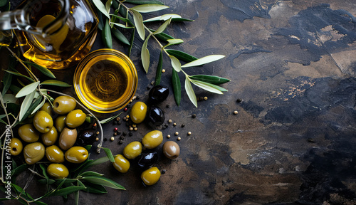 Flatlay of black and green olives near vegetable olive oil in glass bowl on dark background with copyspace for text. Concept of healthy mediterranean food, vegetarian dressing for salads