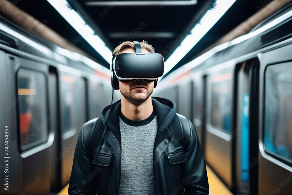 Man wearing virtual reality goggles. Subway station. VR glasses. 360 degrees. Virtual reality headset. VR game. Wearing virtual reality goggles. Smartphone with VR. Virtual reality video - obrazy, fototapety, plakaty 