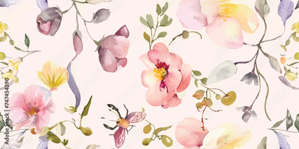 Seamless pattern, Blooming flowers with watercolor on pastel colors. Design for fabric luxurious wallpaper, vintage style. Hand drawn floral pattern. Botany garden Seamless pattern, Blooming flowers with watercolor on pastel colors. Design for fabric luxurious wallpaper, vintage style. Hand drawn floral pattern. Botany garden