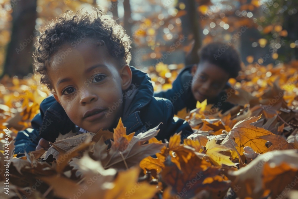 Two young children laying in a pile of leaves. Perfect for autumn-themed designs Two young children laying in a pile of leaves. Perfect for autumn-themed designs