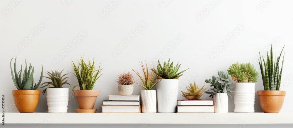 A row of various potted plants neatly arranged on top of a white shelf, creating a harmonious display of greenery and decor in a room.