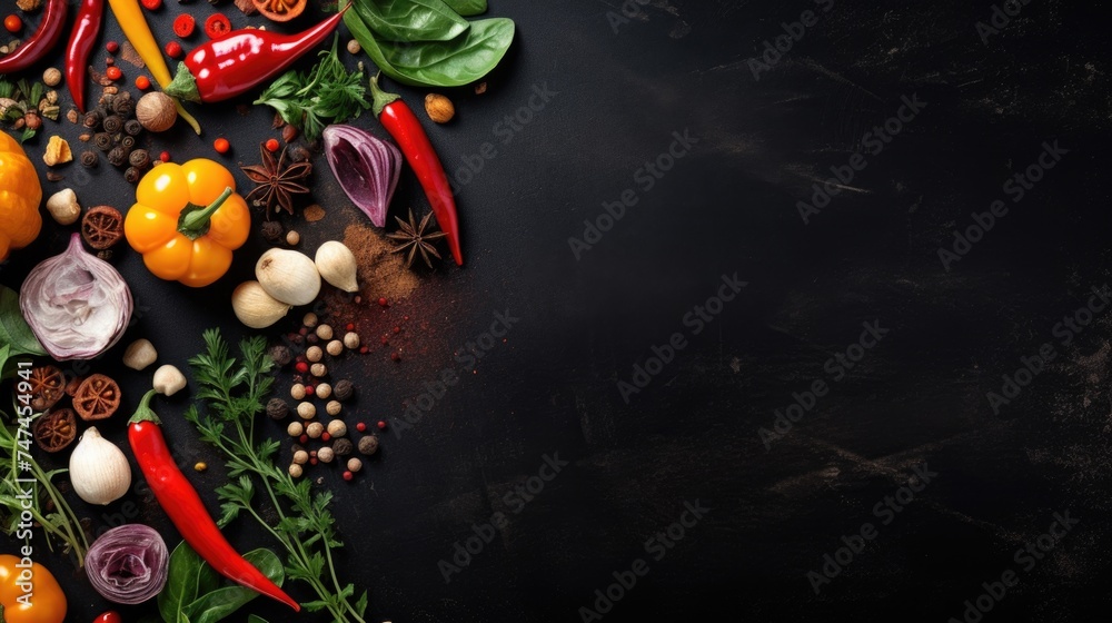 Various types of fresh vegetables displayed on a black table. Suitable for food and nutrition concepts