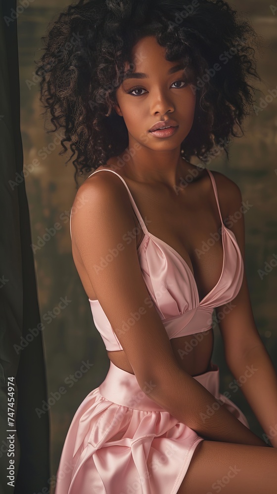 Beautiful African American woman wearing a pink minidress in the form of a coquette. Vertical studio photograph Beautiful African American woman wearing a pink minidress in the form of a coquette. Vertical studio photograph